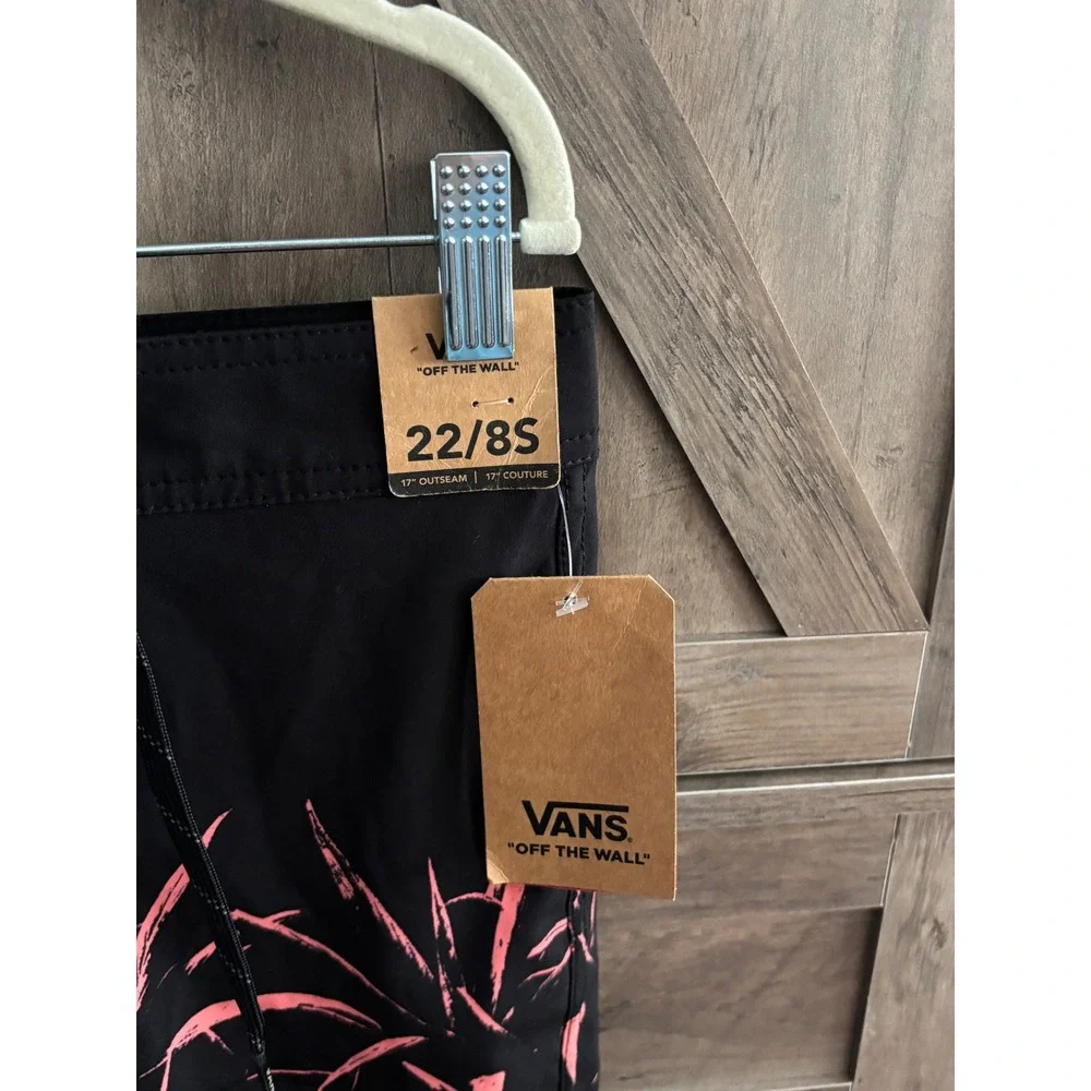 Vans Boys Board Shorts Black Pink Tropical Leaf Swim Trunks Size 22 8S NWT